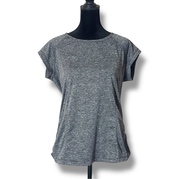 Gray Relaxed Fit Athletic Top Open Back Design Size L Crew Neck Short Sleeve Tee - Picture 1 of 14
